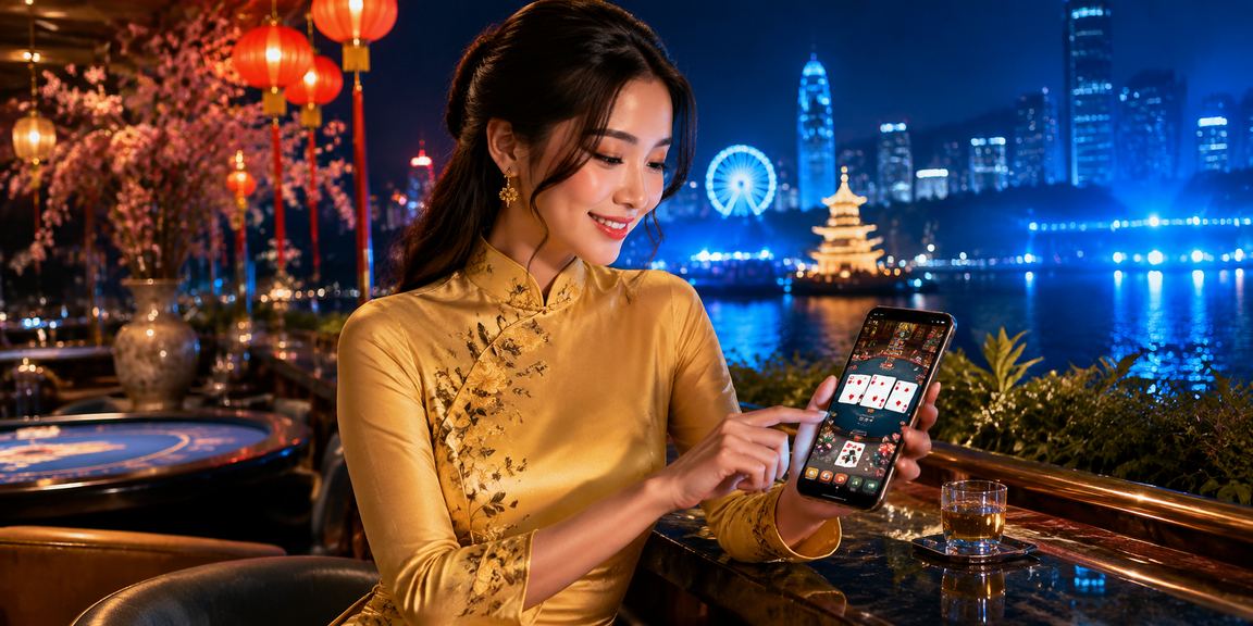 Người phụ nữ mặc áo dài tại Hà Nội chơi bài trực tuyến và kiểm tra giao dịch trên thiết bị di động