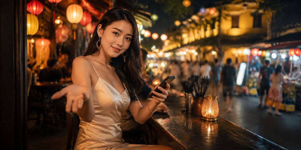 Người chơi trải nghiệm casino trực tuyến trên điện thoại tại chợ đêm Hội An lung linh ánh đèn