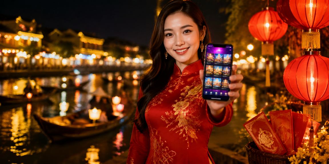 Người phụ nữ áo dài tại Hội An cầm phong bì đỏ may mắn tượng trưng cho giao dịch thưởng