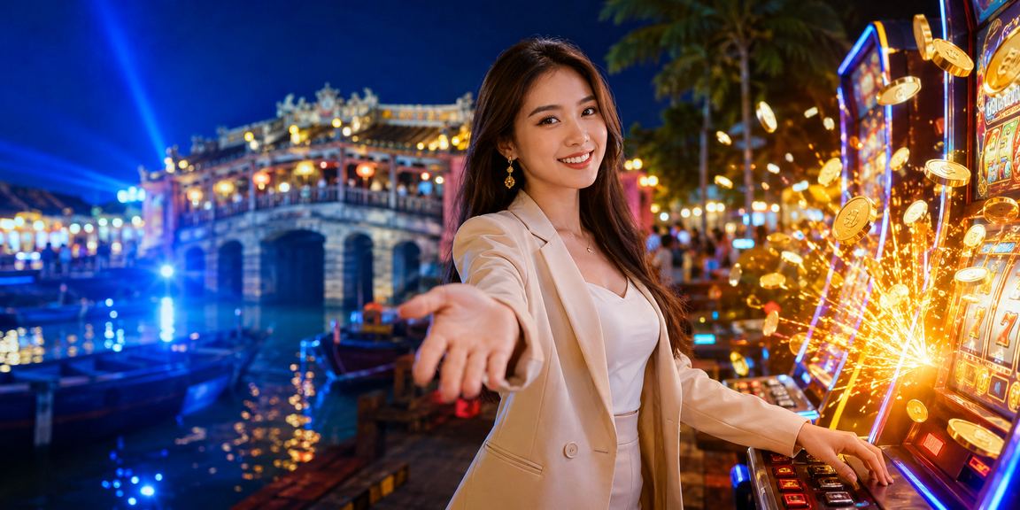 Người chơi slot game tại khu phố cổ Hội An ban đêm với đèn lồng rực rỡ